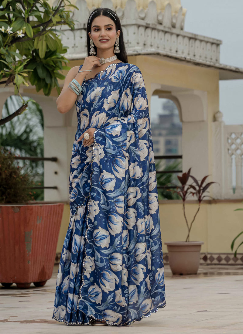 Vegaa Fashion Blue Chinon Silk Floral Printed With Mirror Cut Border Ready To Wear Saree - Distacart