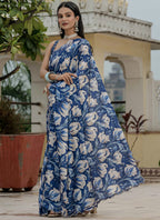 Vegaa Fashion Blue Chinon Silk Floral Printed With Mirror Cut Border Ready To Wear Saree - Distacart