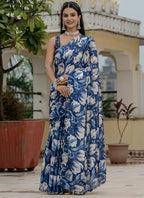 Vegaa Fashion Blue Chinon Silk Floral Printed With Mirror Cut Border Ready To Wear Saree - Distacart
