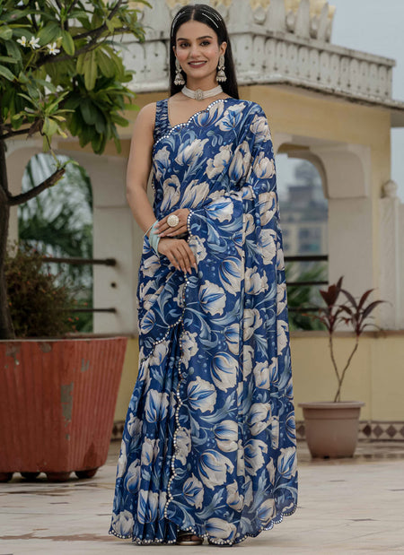 Vegaa Fashion Blue Chinon Silk Floral Printed With Mirror Cut Border Ready To Wear Saree
