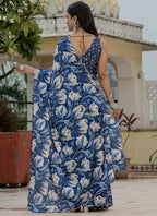 Vegaa Fashion Blue Chinon Silk Floral Printed With Mirror Cut Border Ready To Wear Saree - Distacart