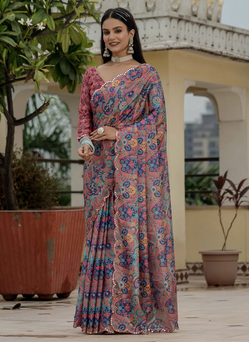Vegaa Fashion Multi Color Chinon Silk Floral Printed With Mirror Cut Border Ready To Wear Saree - Distacart