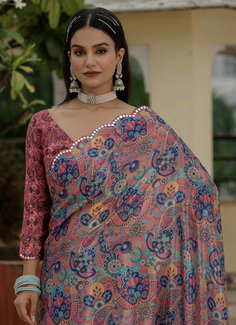 Vegaa Fashion Multi Color Chinon Silk Floral Printed With Mirror Cut Border Ready To Wear Saree - Distacart