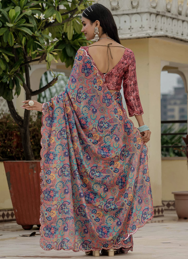 Vegaa Fashion Multi Color Chinon Silk Floral Printed With Mirror Cut Border Ready To Wear Saree - Distacart
