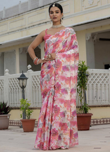 Vegaa Fashion Multi Color Chinon Silk Floral Printed With Mirror Cut Border Ready To Wear Saree