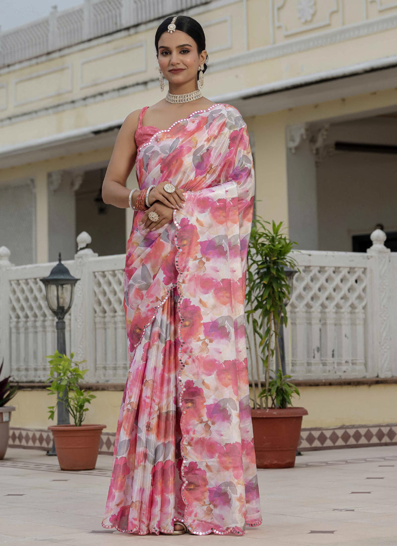 Vegaa Fashion Multi Color Chinon Silk Floral Printed With Mirror Cut Border Ready To Wear Saree - Distacart
