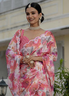 Vegaa Fashion Multi Color Chinon Silk Floral Printed With Mirror Cut Border Ready To Wear Saree - Distacart