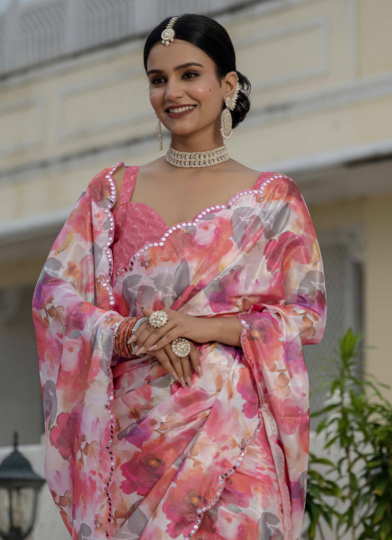 Vegaa Fashion Multi Color Chinon Silk Floral Printed With Mirror Cut Border Ready To Wear Saree - Distacart