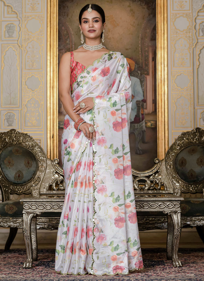 Vegaa Fashion Off White Chinon Silk Floral Printed With Mirror Cut Border Ready To Wear Saree - Distacart