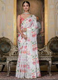 Vegaa Fashion Off White Chinon Silk Floral Printed With Mirror Cut Border Ready To Wear Saree - Distacart