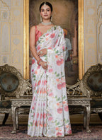 Vegaa Fashion Off White Chinon Silk Floral Printed With Mirror Cut Border Ready To Wear Saree - Distacart