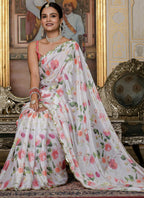 Vegaa Fashion Off White Chinon Silk Floral Printed With Mirror Cut Border Ready To Wear Saree - Distacart