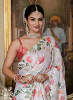 Vegaa Fashion Off White Chinon Silk Floral Printed With Mirror Cut Border Ready To Wear Saree - Distacart