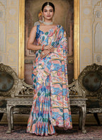 Vegaa Fashion Multi Color Chinon Silk Floral Printed With Mirror Cut Border Ready To Wear Saree - Distacart