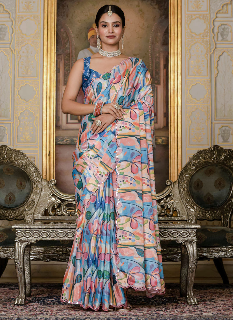 Vegaa Fashion Multi Color Chinon Silk Floral Printed With Mirror Cut Border Ready To Wear Saree - Distacart