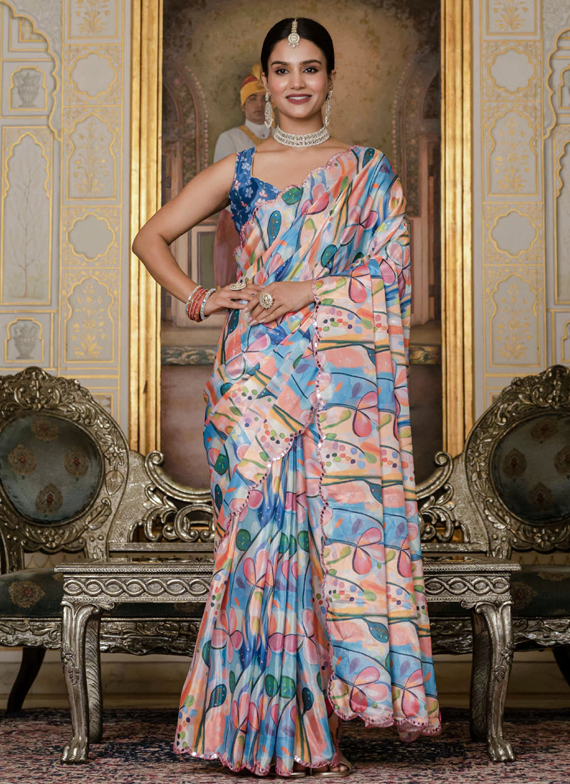 Vegaa Fashion Multi Color Chinon Silk Floral Printed With Mirror Cut Border Ready To Wear Saree - Distacart