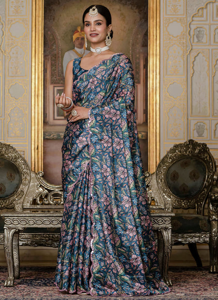 Vegaa Fashion Multi Color Chinon Silk Floral Printed Ready To Wear Saree With Mirror Work Border