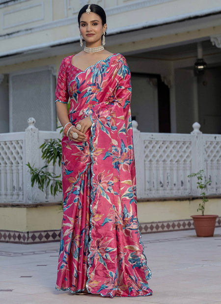 Vegaa Fashion Multi Color Chinon Silk Floral Printed Ready To Wear Saree With Mirror Work Border