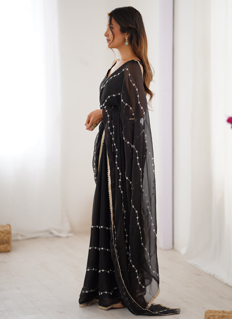 Vegaa Fashion Black Smooth Sitara Fabric Moti & Val Sequence Designer Saree - Distacart