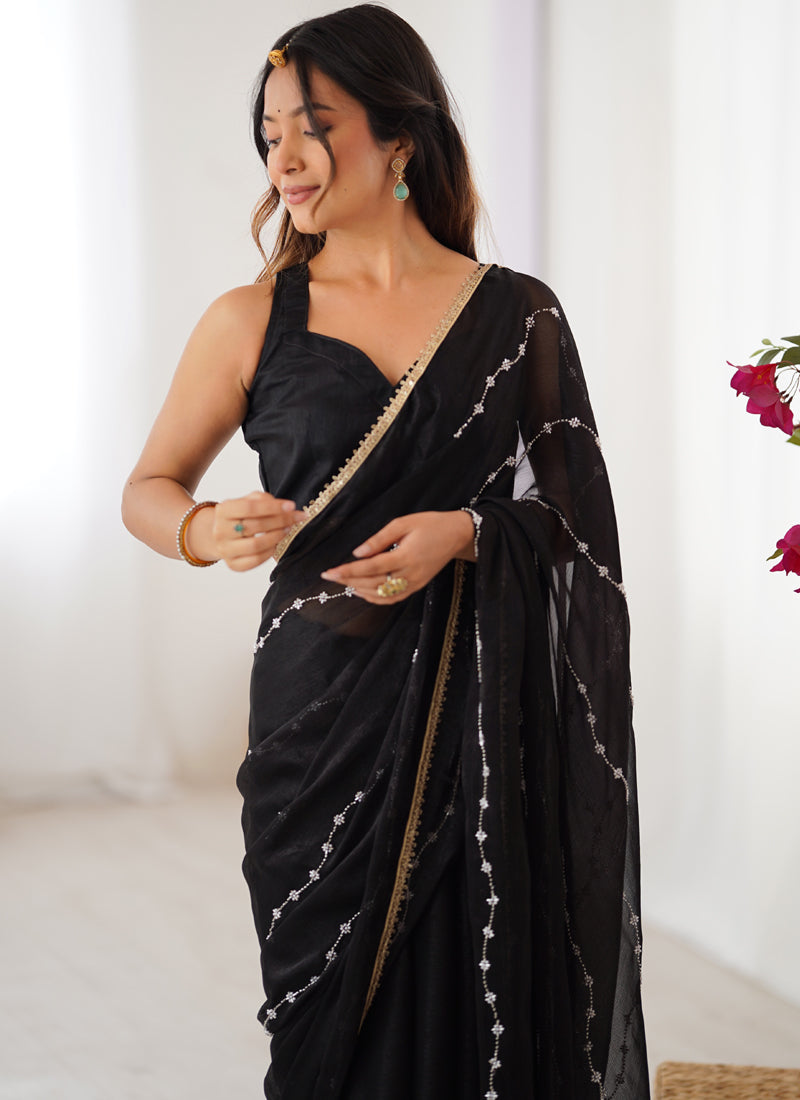 Vegaa Fashion Black Smooth Sitara Fabric Moti & Val Sequence Designer Saree - Distacart
