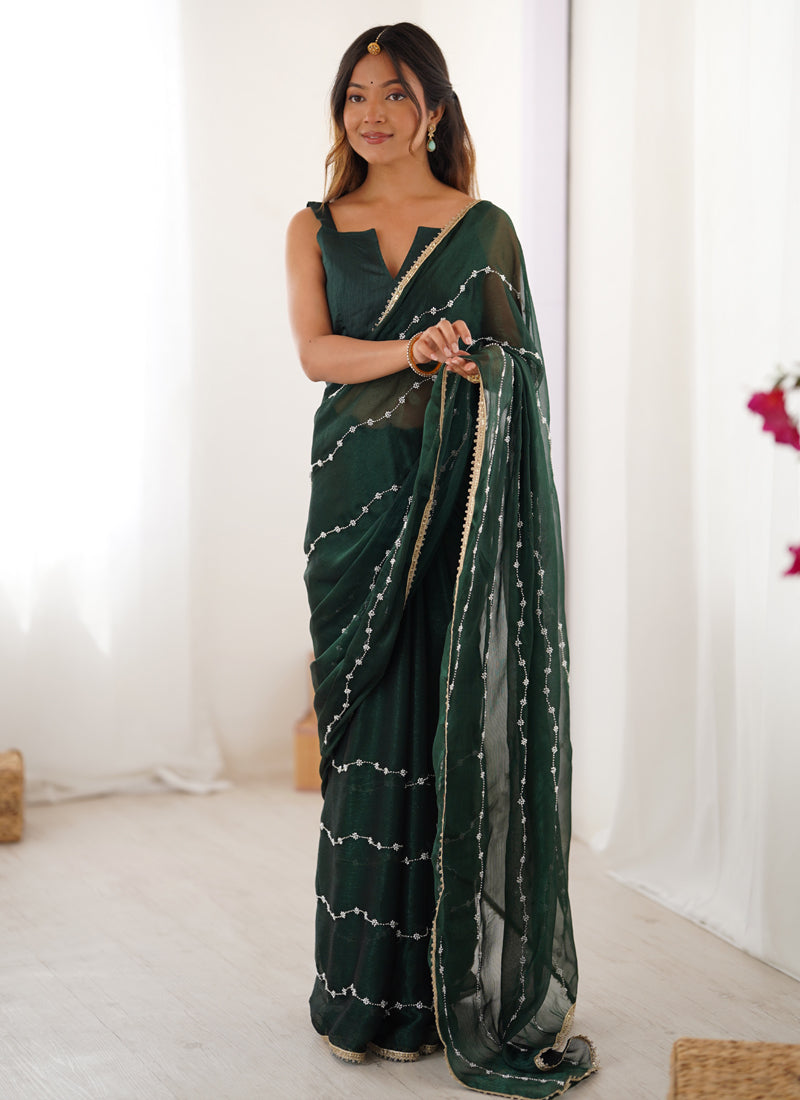 Vegaa Fashion Green Smooth Sitara Fabric Moti & Val Sequence Designer Saree - Distacart