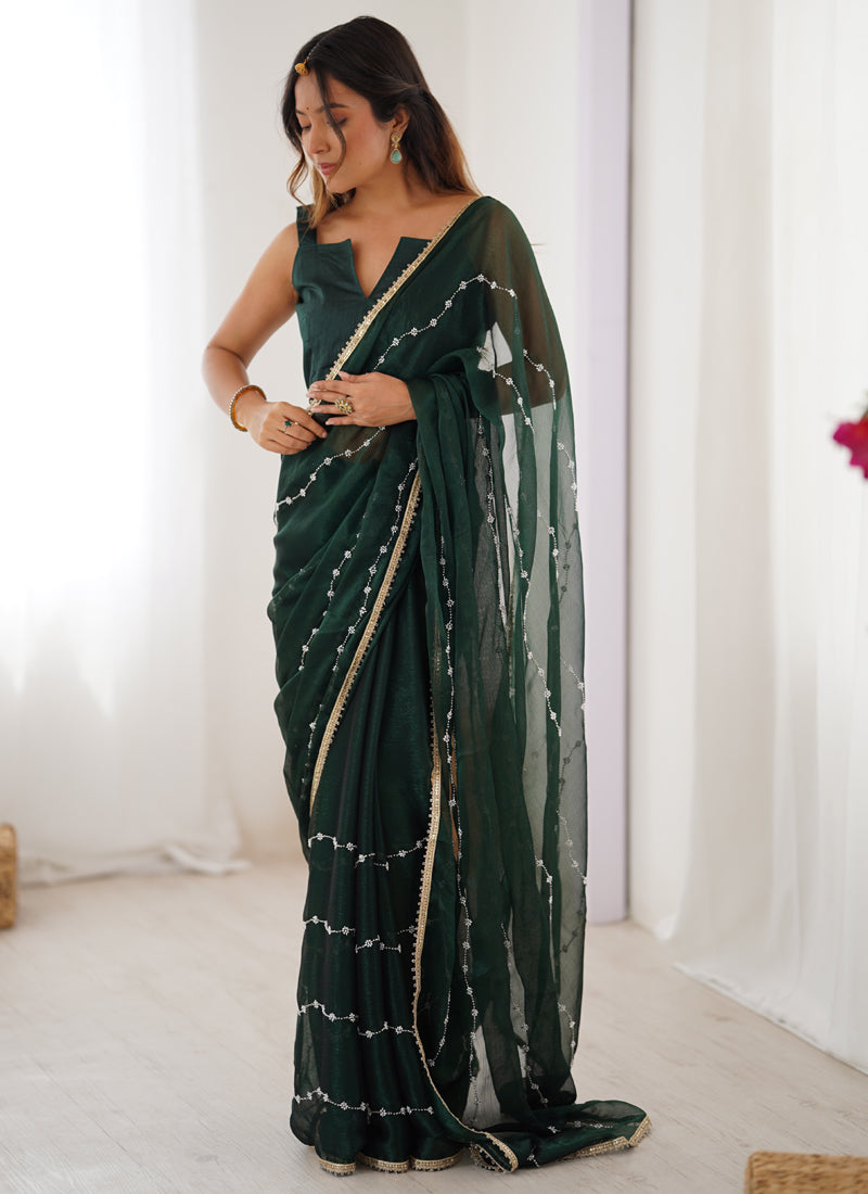 Vegaa Fashion Green Smooth Sitara Fabric Moti & Val Sequence Designer Saree - Distacart