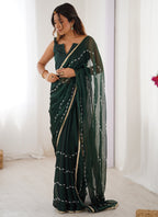Vegaa Fashion Green Smooth Sitara Fabric Moti & Val Sequence Designer Saree - Distacart