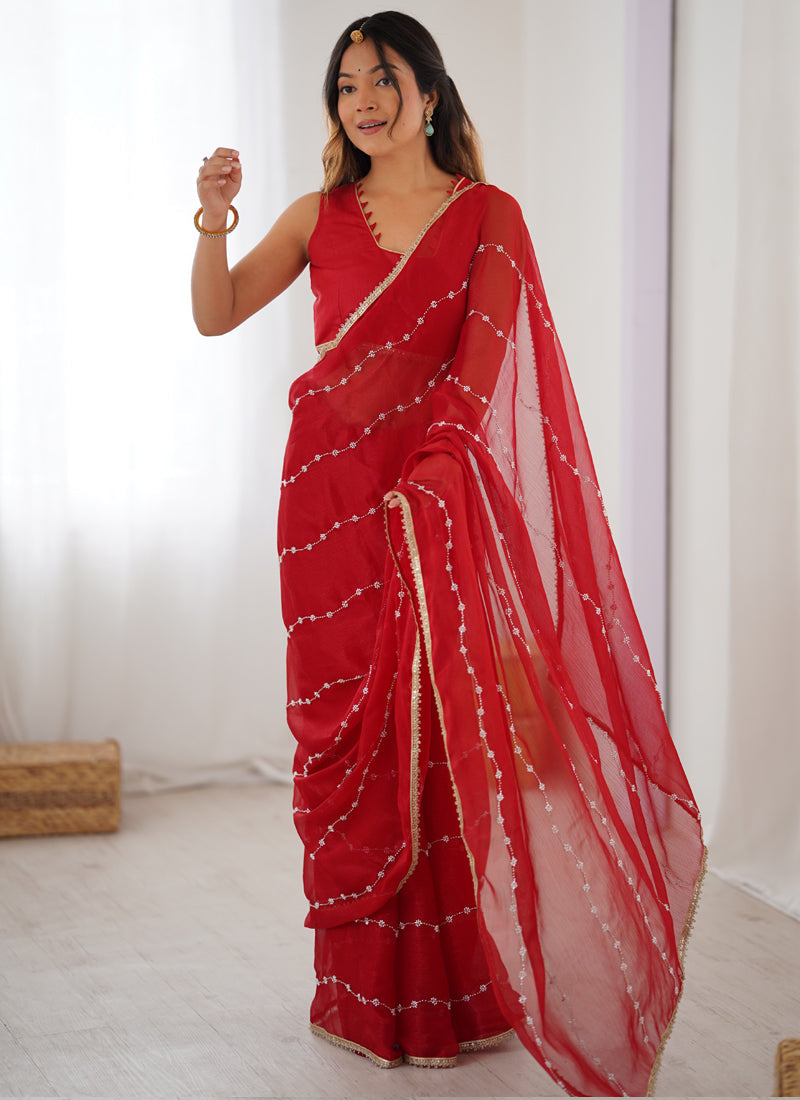 Vegaa Fashion Red Smooth Sitara Fabric Moti & Val Sequence Designer Saree - Distacart