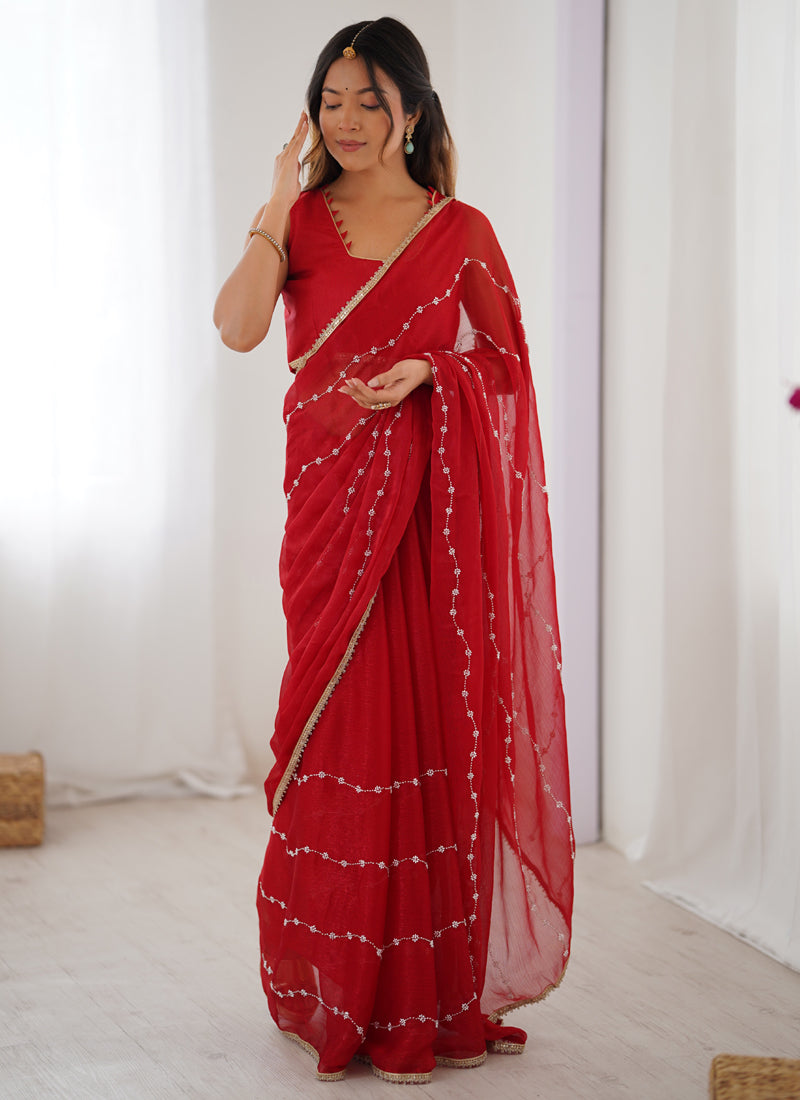Vegaa Fashion Red Smooth Sitara Fabric Moti & Val Sequence Designer Saree - Distacart