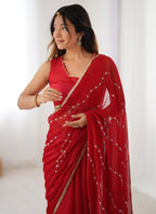 Vegaa Fashion Red Smooth Sitara Fabric Moti & Val Sequence Designer Saree - Distacart