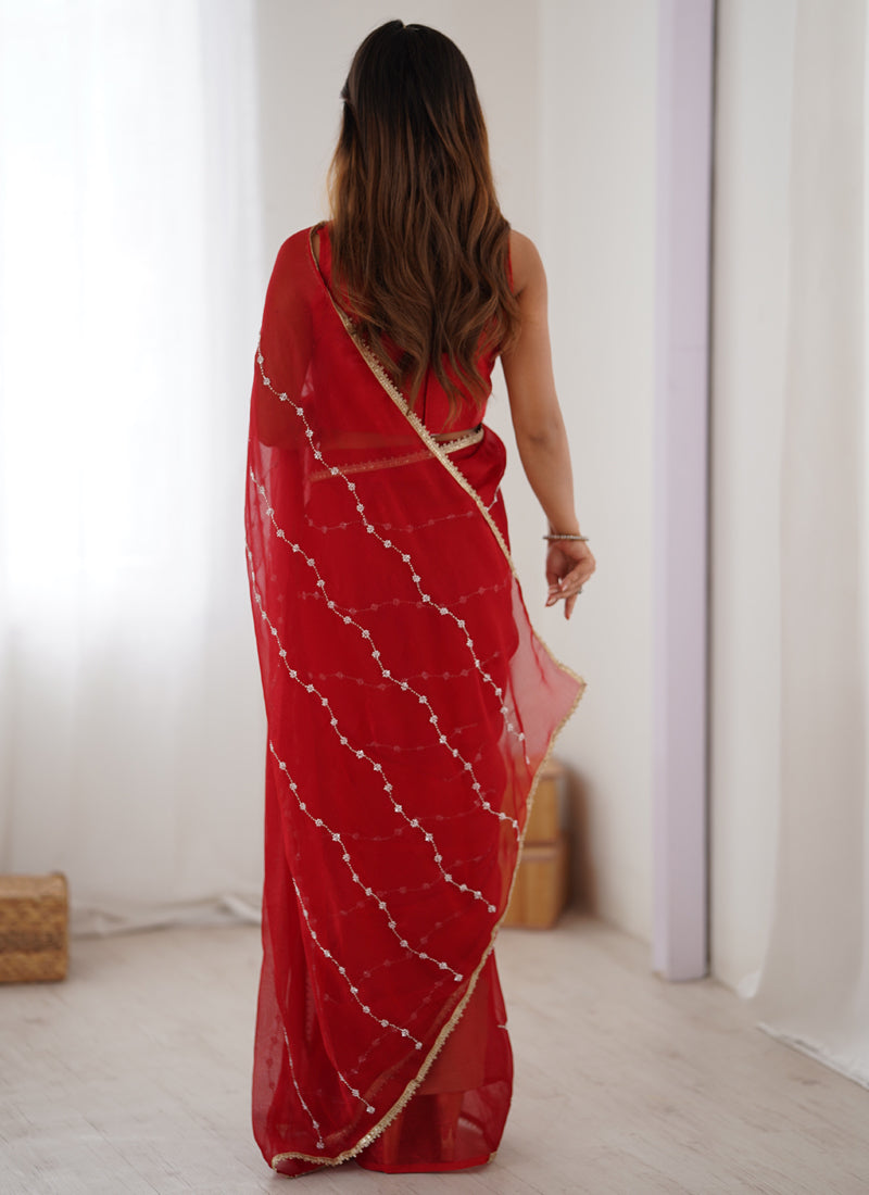 Vegaa Fashion Red Smooth Sitara Fabric Moti & Val Sequence Designer Saree - Distacart