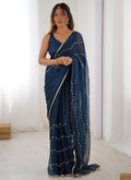 Vegaa Fashion Blue Smooth Sitara Fabric Moti & Val Sequence Designer Saree - Distacart