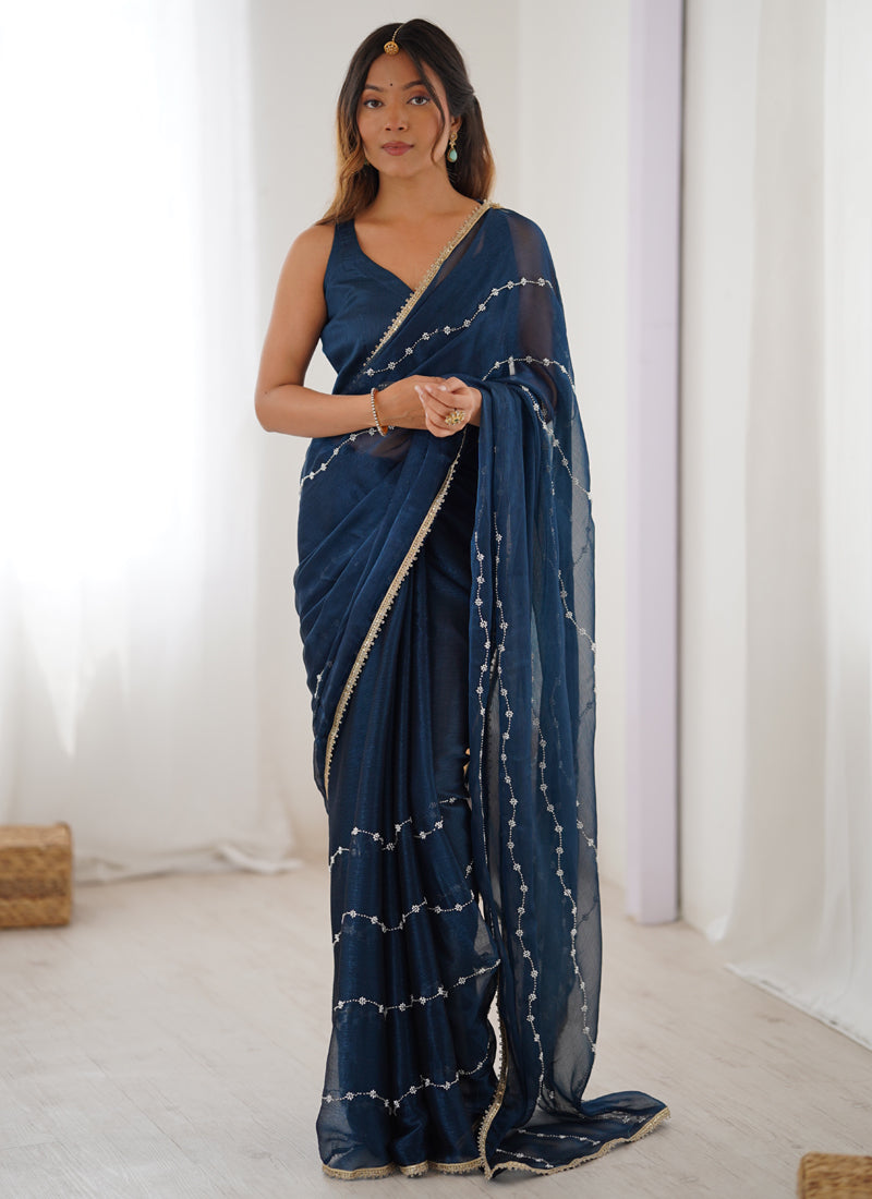 Vegaa Fashion Blue Smooth Sitara Fabric Moti & Val Sequence Designer Saree - Distacart