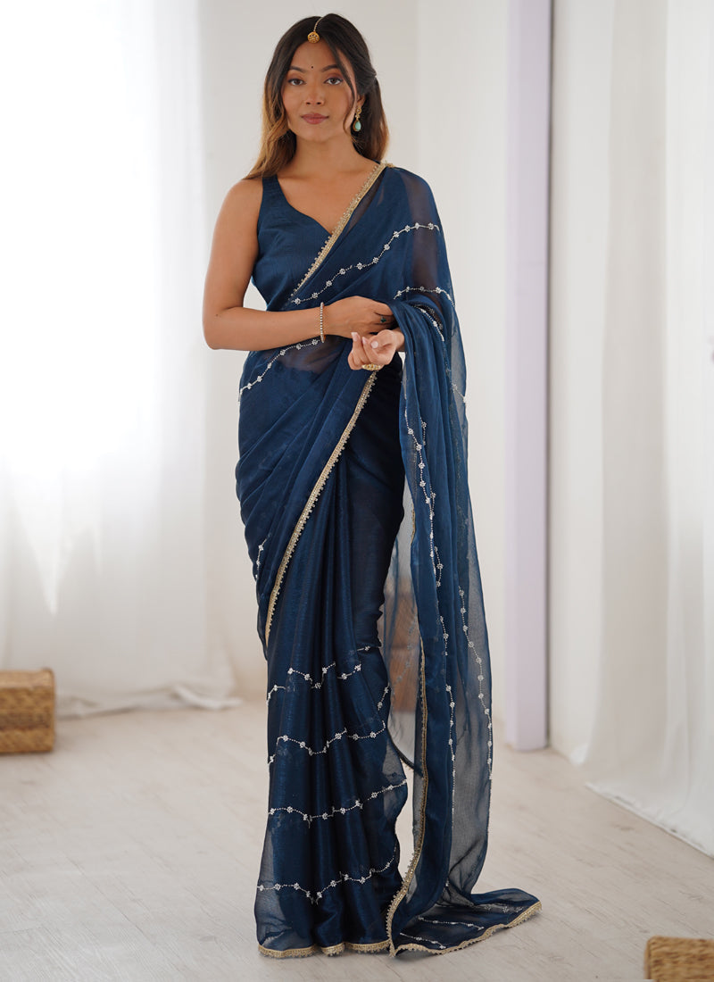 Vegaa Fashion Blue Smooth Sitara Fabric Moti & Val Sequence Designer Saree - Distacart