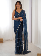 Vegaa Fashion Blue Smooth Sitara Fabric Moti & Val Sequence Designer Saree - Distacart