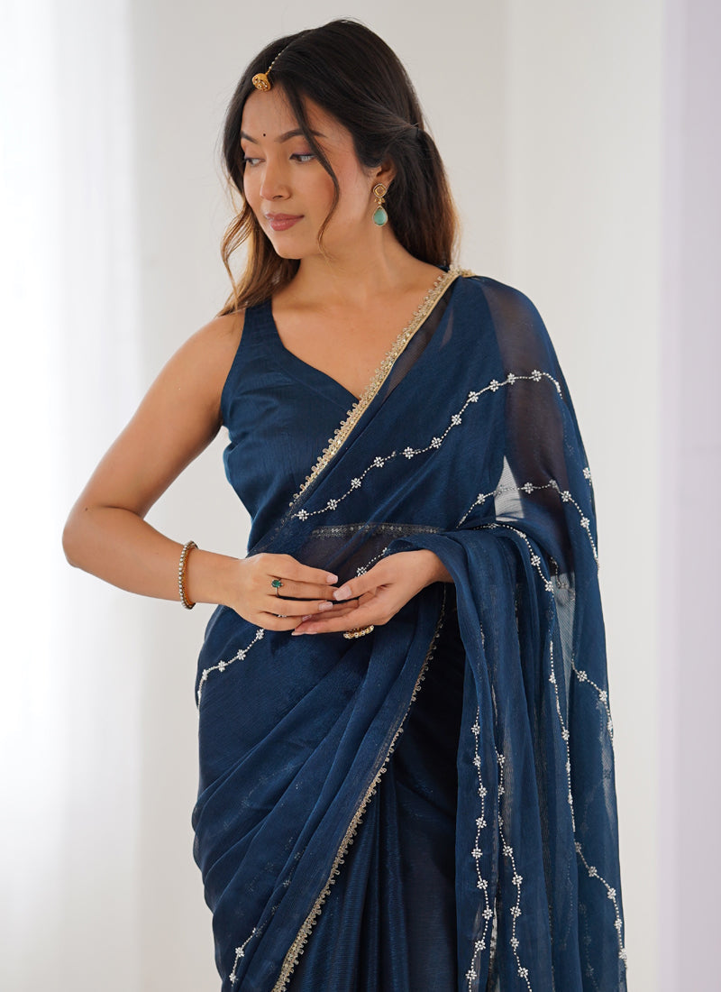 Vegaa Fashion Blue Smooth Sitara Fabric Moti & Val Sequence Designer Saree - Distacart