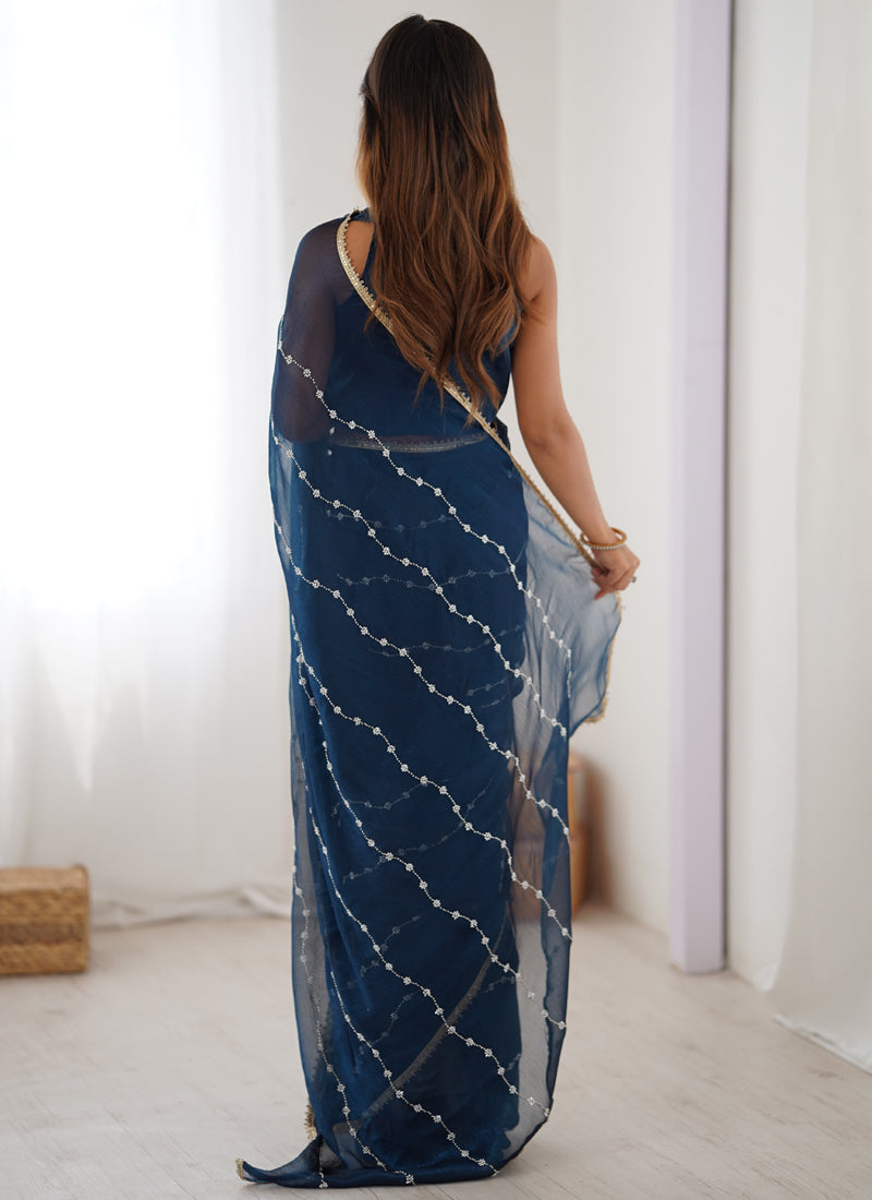 Vegaa Fashion Blue Smooth Sitara Fabric Moti & Val Sequence Designer Saree - Distacart