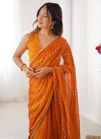 Vegaa Fashion Orange Smooth Sitara Fabric Moti & Val Sequence Designer Saree - Distacart