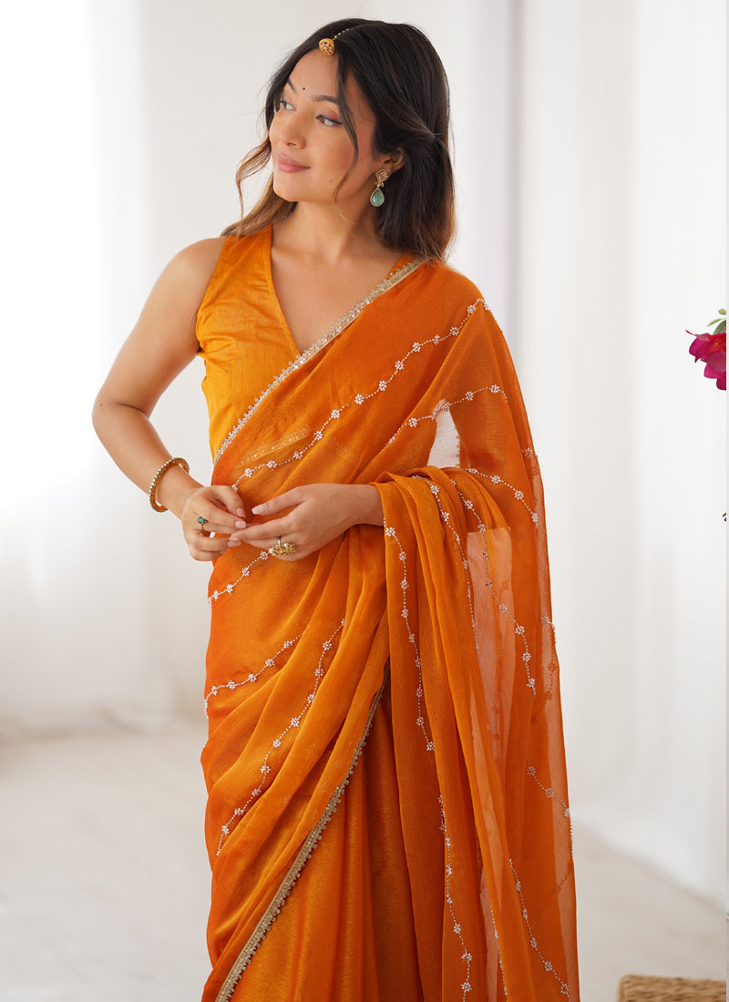 Vegaa Fashion Orange Smooth Sitara Fabric Moti & Val Sequence Designer Saree - Distacart