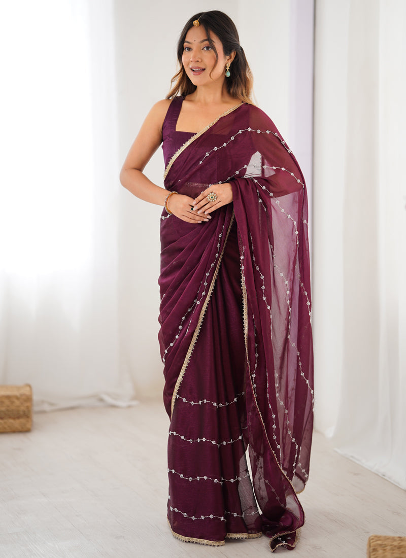 Vegaa Fashion Wine Smooth Sitara Fabric Moti & Val Sequence Designer Saree - Distacart