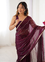 Vegaa Fashion Wine Smooth Sitara Fabric Moti & Val Sequence Designer Saree - Distacart
