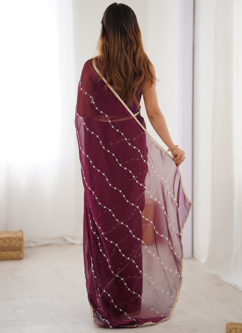 Vegaa Fashion Wine Smooth Sitara Fabric Moti & Val Sequence Designer Saree - Distacart