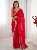 Vegaa Fashion Red Fandy Silk Moti & Val Sequence Designer Saree - Distacart
