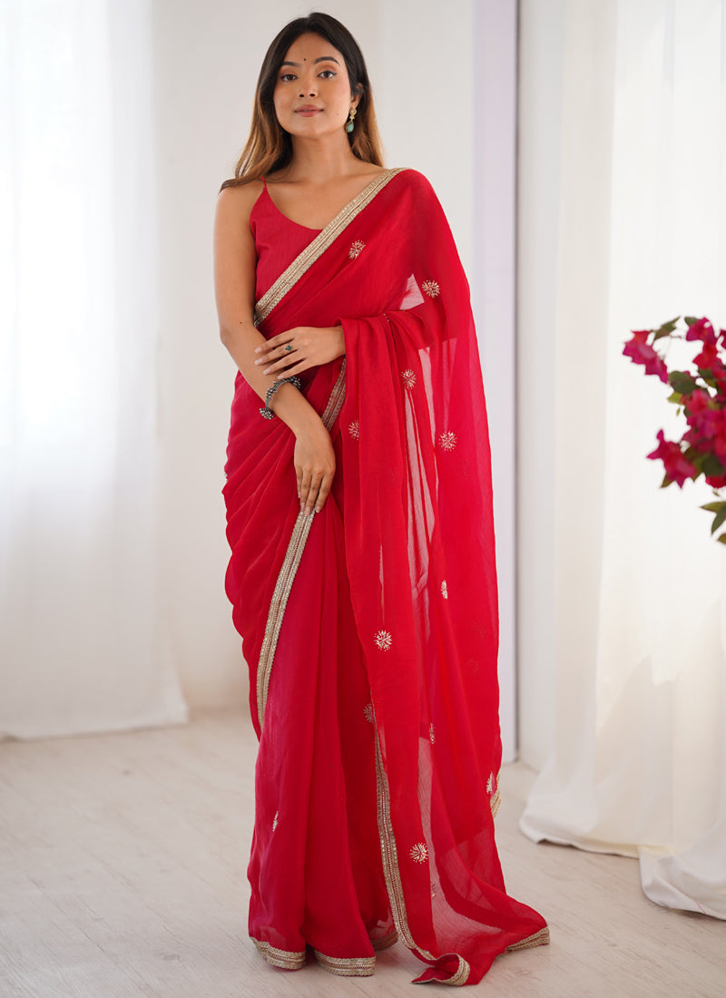Vegaa Fashion Red Fandy Silk Moti & Val Sequence Designer Saree - Distacart
