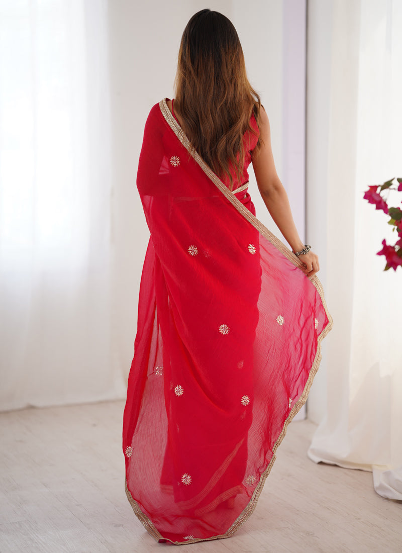 Vegaa Fashion Red Fandy Silk Moti & Val Sequence Designer Saree - Distacart