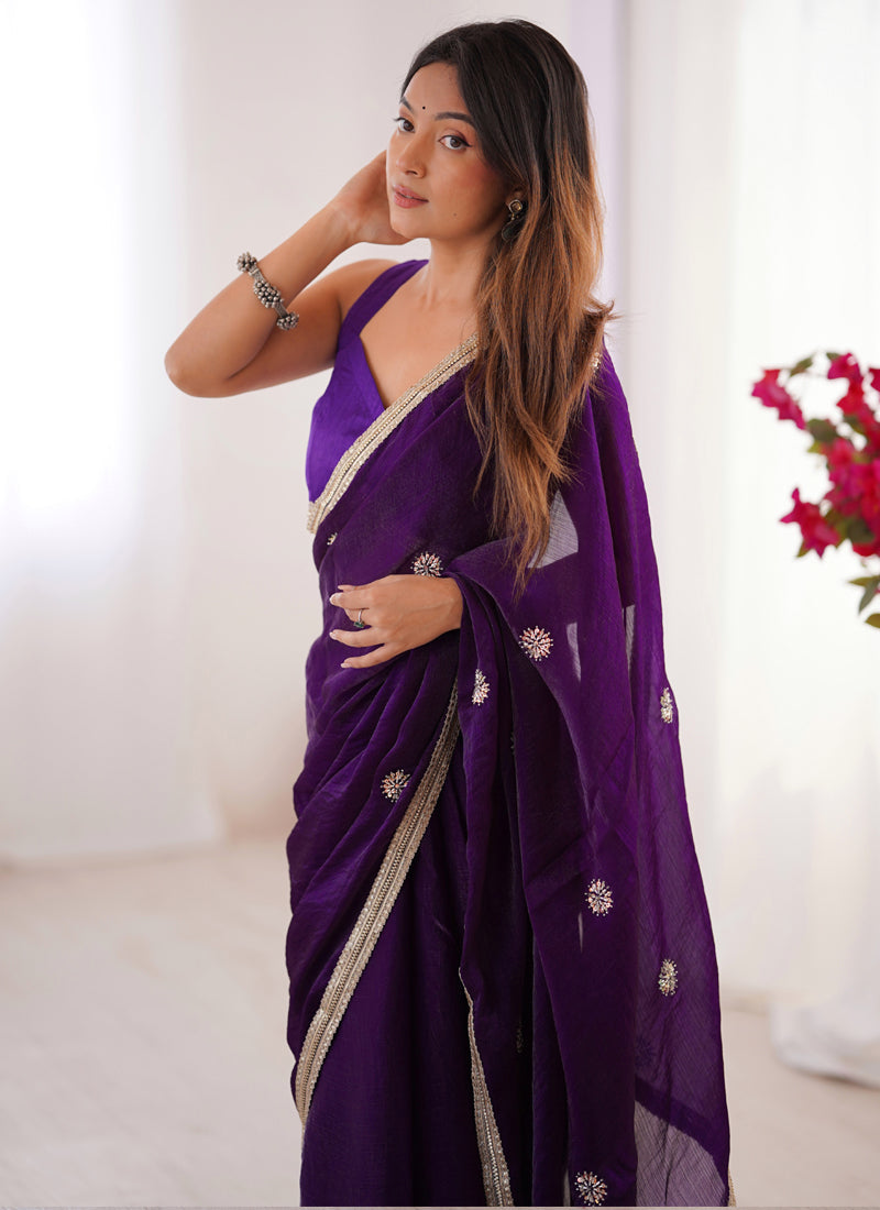 Vegaa Fashion Violet Fandy Silk Moti & Val Sequence Designer Saree - Distacart
