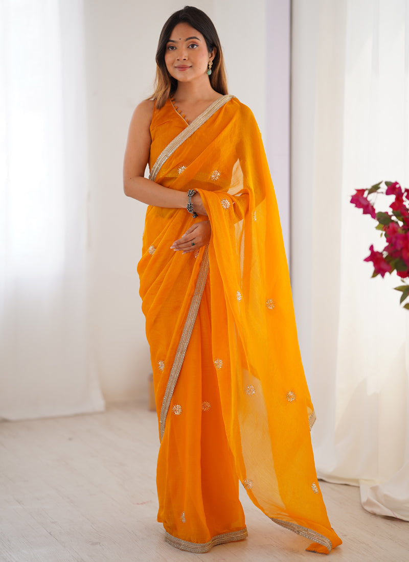 Vegaa Fashion Yellow Fandy Silk Moti & Val Sequence Designer Saree - Distacart