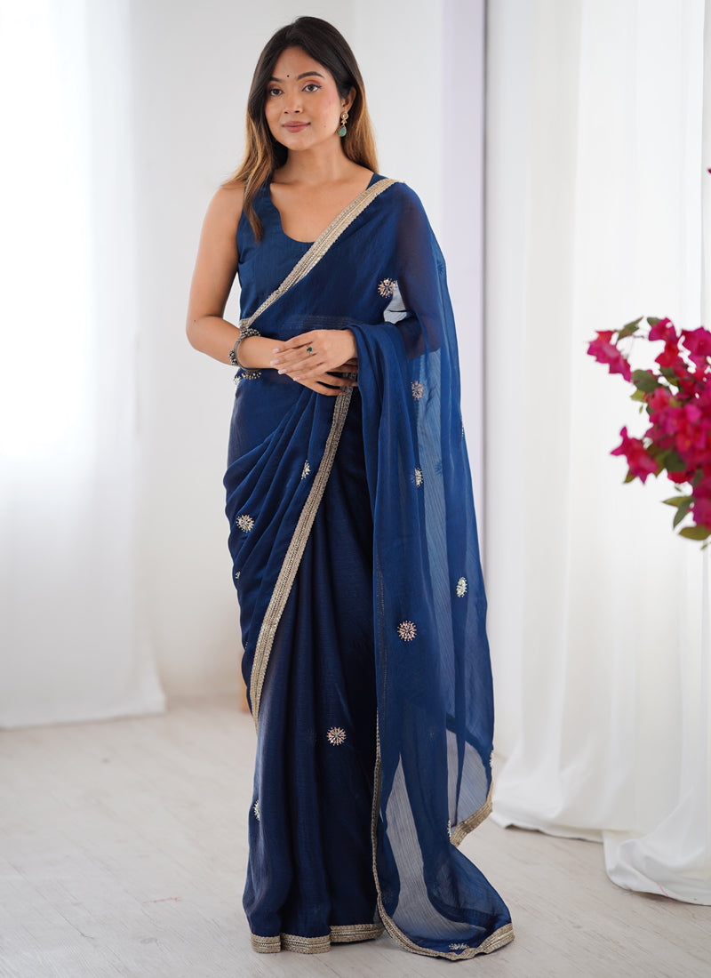 Vegaa Fashion Blue Fandy Silk Moti & Val Sequence Designer Saree - Distacart