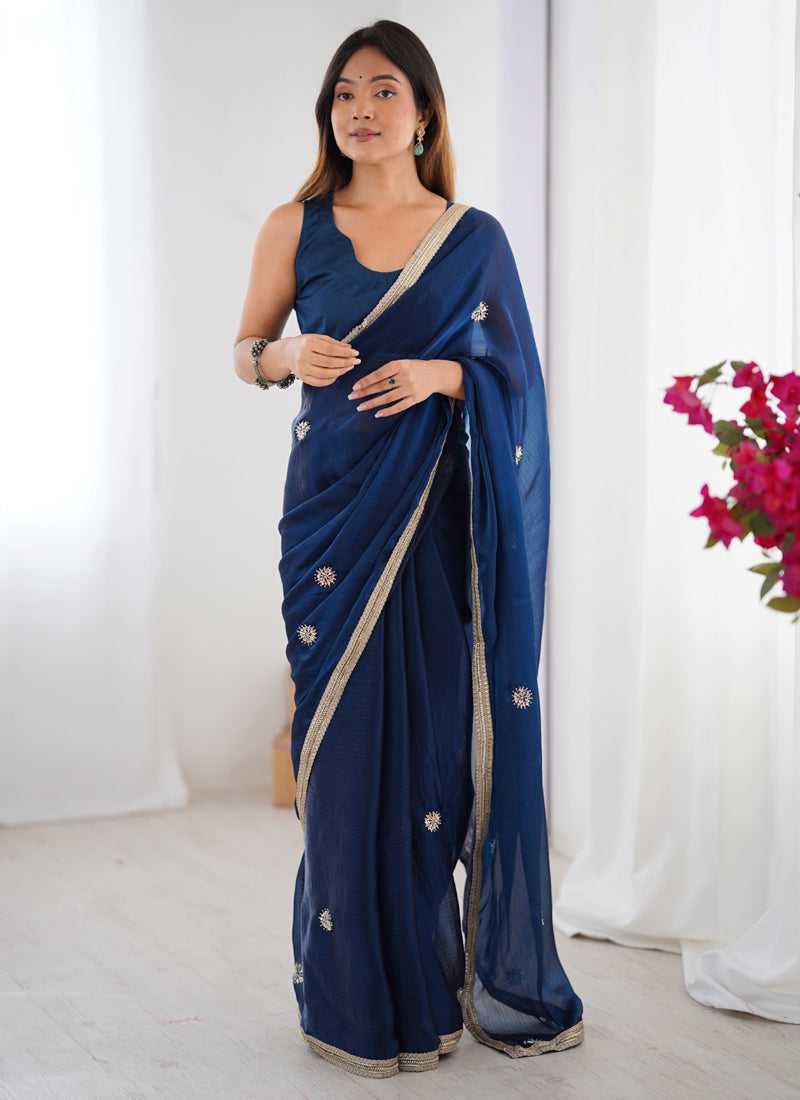 Vegaa Fashion Blue Fandy Silk Moti & Val Sequence Designer Saree - Distacart