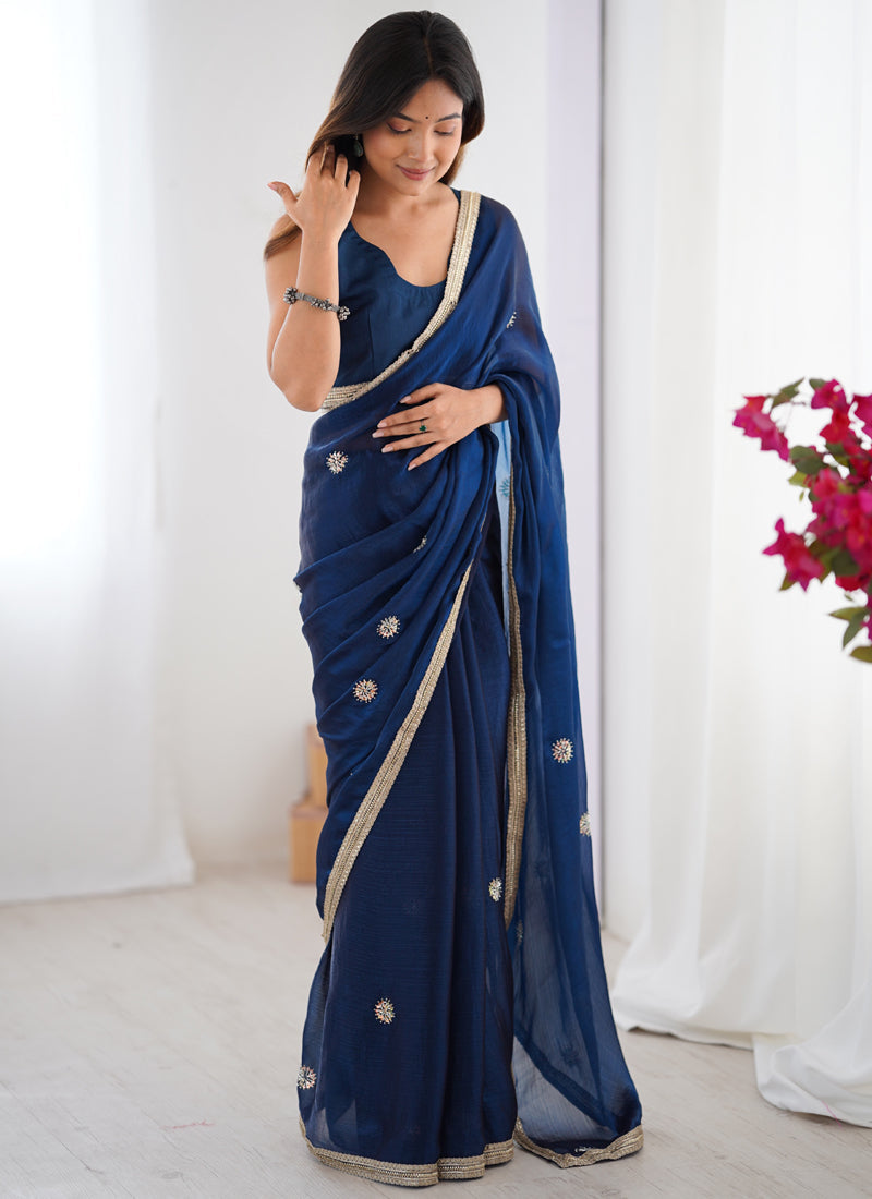Vegaa Fashion Blue Fandy Silk Moti & Val Sequence Designer Saree - Distacart